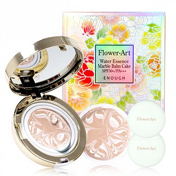 Увлажняющая крем-пудра с запасным блоком и 2 спонжами Flower-Art Water Essence Marble Balm Cake