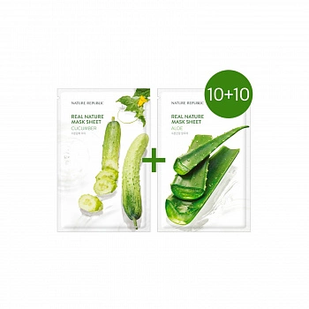 Тканевая маска с огурцом+Тканевая маска с алоэ(10+10) 10+10
Real Nature Mask Sheet Cucumber
+
Real Nature Mask Sheet Aloe